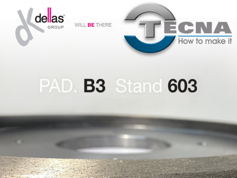 Home Logo Dellas e Logo di Tecna con localizzazione stand e mola diamantata alla base