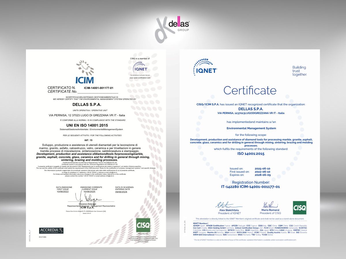 La certificazione UNI EN ISO 14001 che ci è stata rinnovata a giugno 2025.