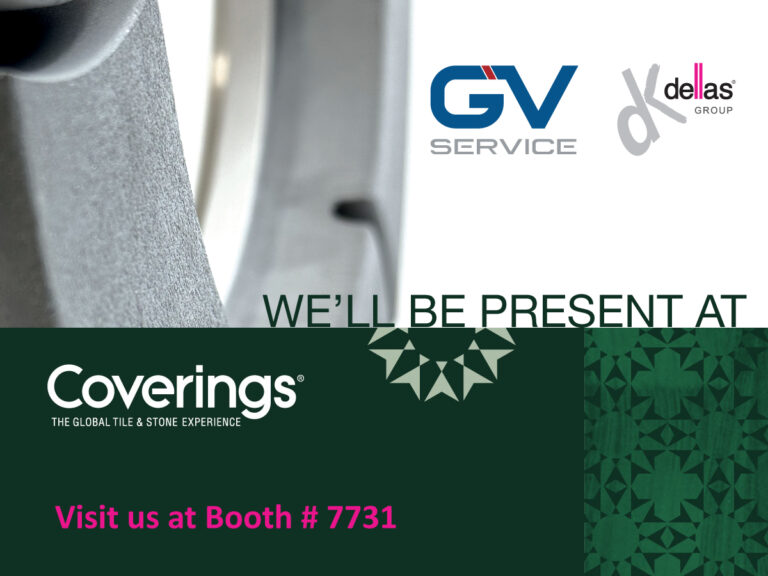 Il profilo di una mola per la lavorazione della ceramica, con i loghi Gv Service e Dellas S.p.A.